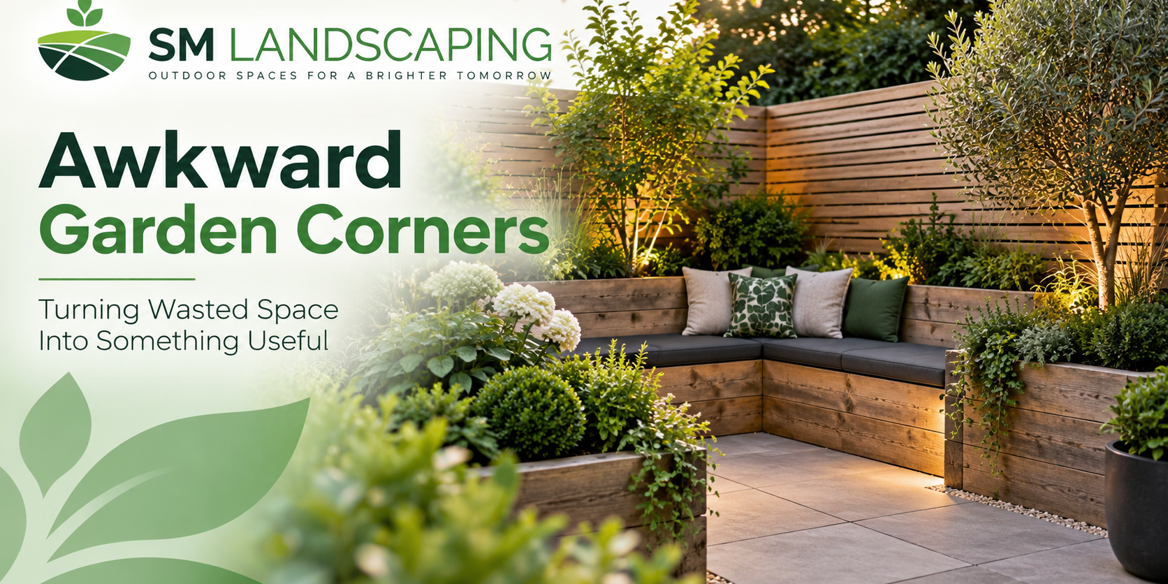 Beautiful garden corner with lush plants and wooden seating area by SM Landscaping.