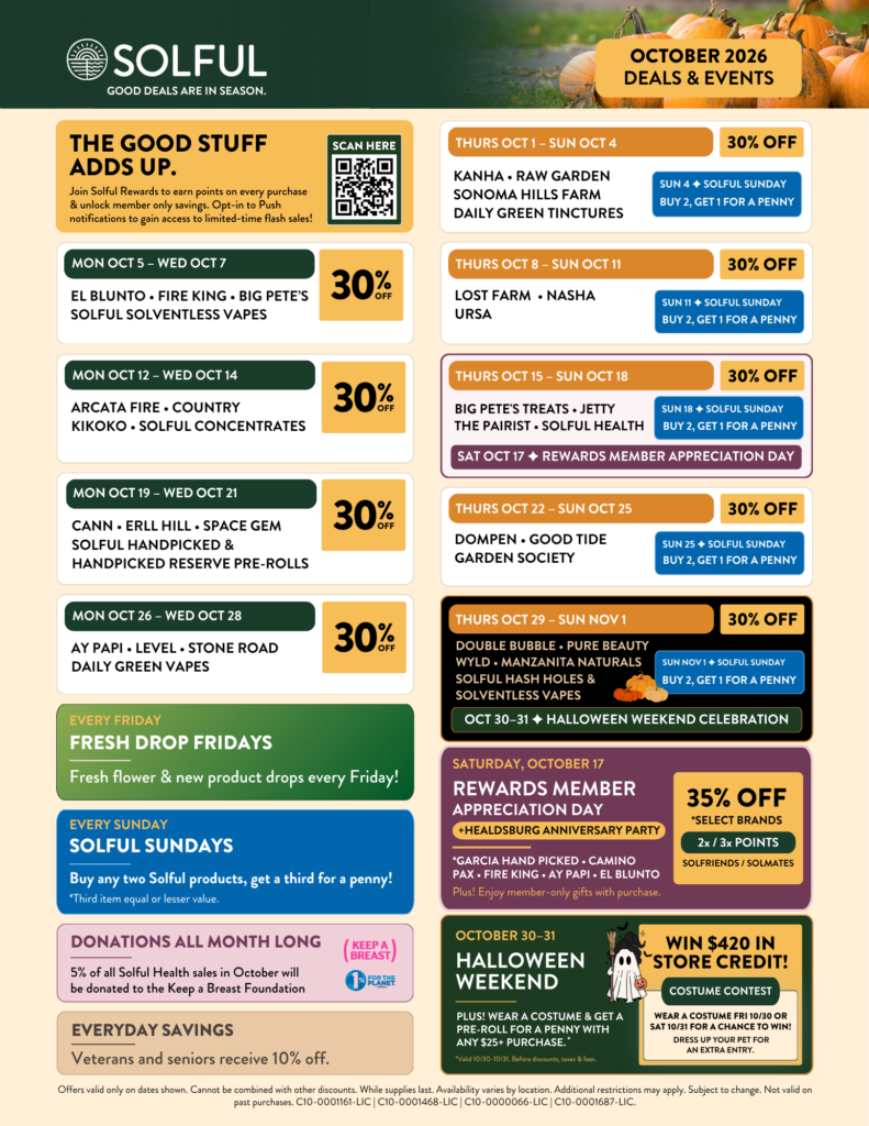 Solful October 2026 cannabis deals and events calendar