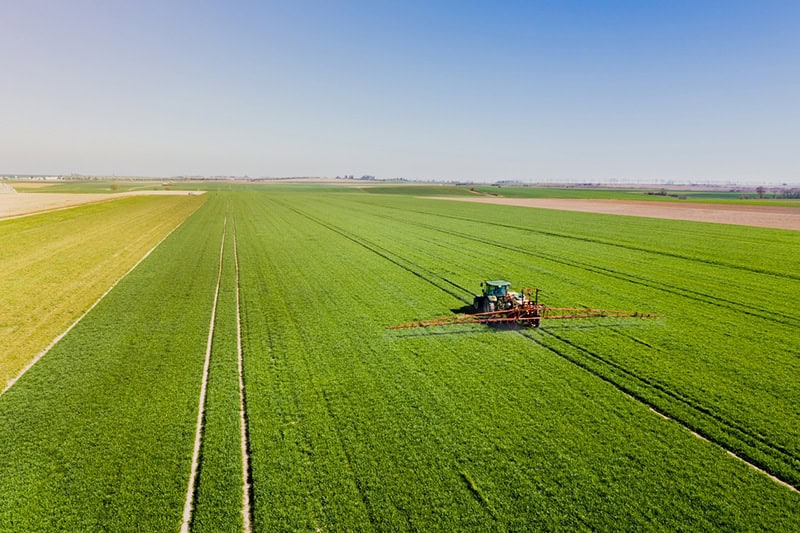 Farmer Spraying Pesticides on Agricultural Field. Tractor Spraying Young Corn with Fertilizer.