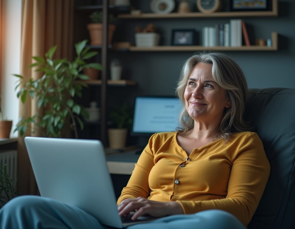 A woman sits indoors with a laptop on her lap, smiling, with shelves and potted plants in the background. A computer monitor is visible on a desk behind her.