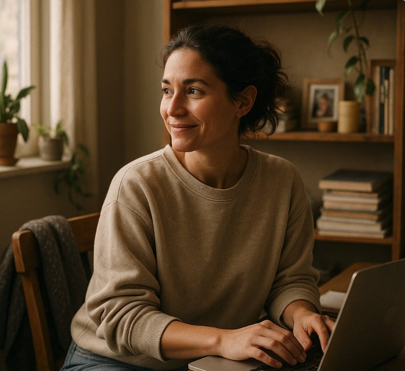 A woman sits at a desk using a laptop, looking to the side and smiling. Books, plants, and framed photos are on a bookshelf in the background.