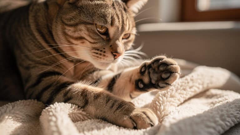 Gentle tabby cat relaxing on cozy blanket in warm sunlight.