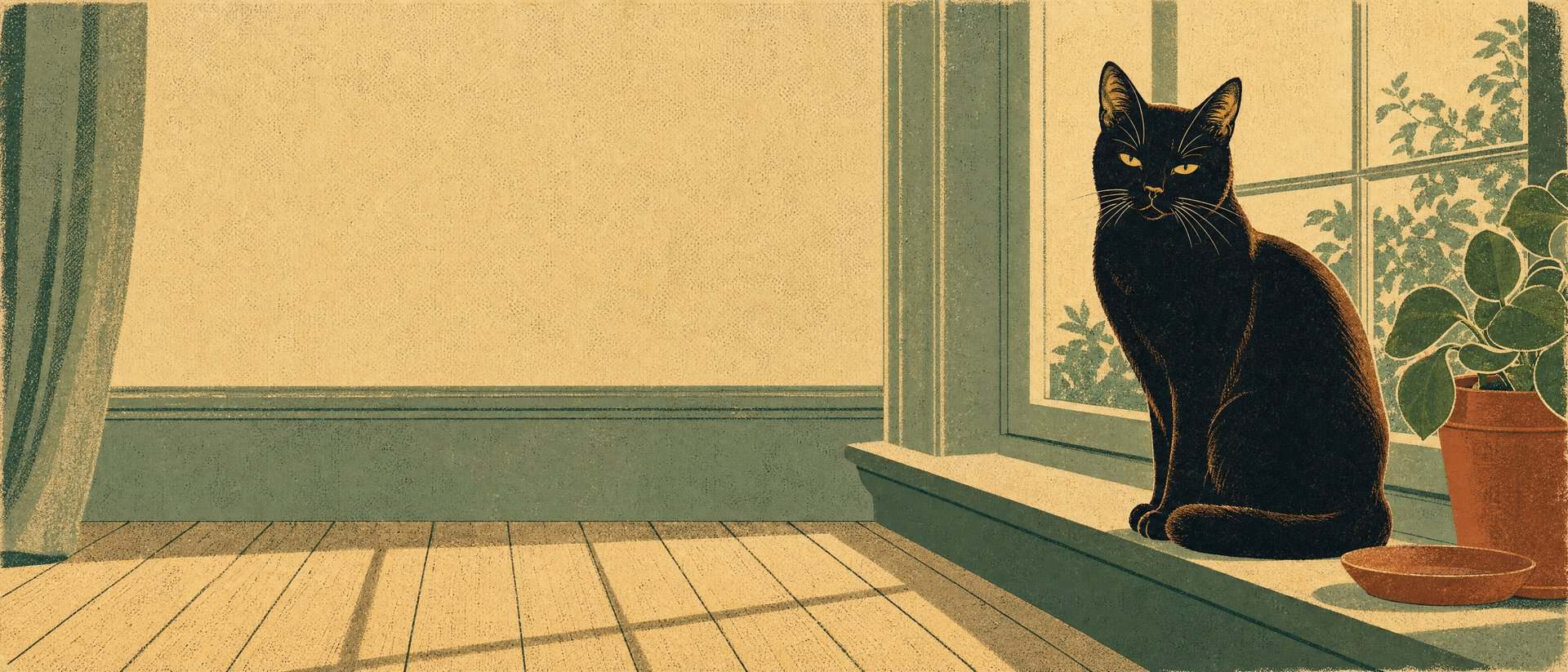 A black cat sits on a windowsill in warm evening light, ears forward and at ease.