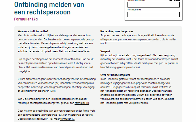 1e pagina van KvK formulier 17a, dat gebruikt wordt bij turboliquidatie.
