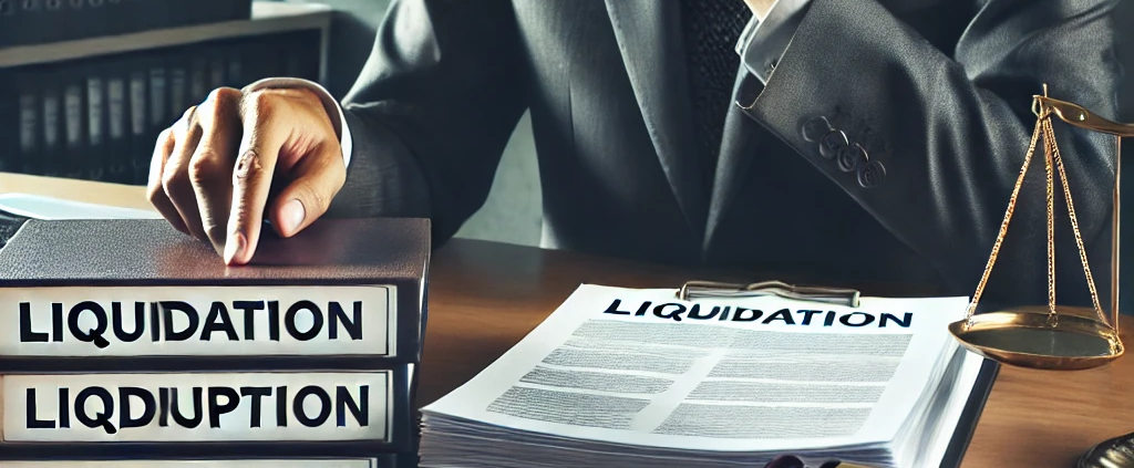 Jurist toont liquidatie documenten op een bureau, waarop ook een hamer en weegschaal ligt.