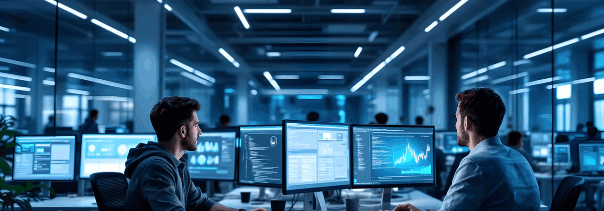 Foto van datacentrum waar 2 medewerkers bezig zijn achter veel beeldschermen