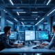 Foto van datacentrum waar 2 medewerkers bezig zijn achter veel beeldschermen