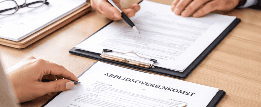 Werkgever en werknemer ondertekenen aan tafel arbeidsovereenkomst