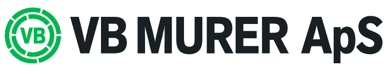 Grønt logo og sort tekst på hvid baggrund - "VB MURER ApS"