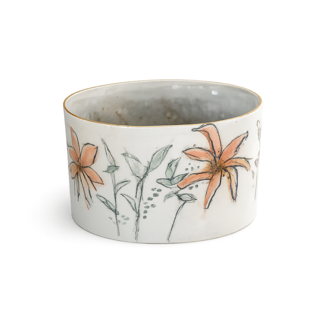 Håndlavet keramisk kop med blomstermotiver i bløde farver.