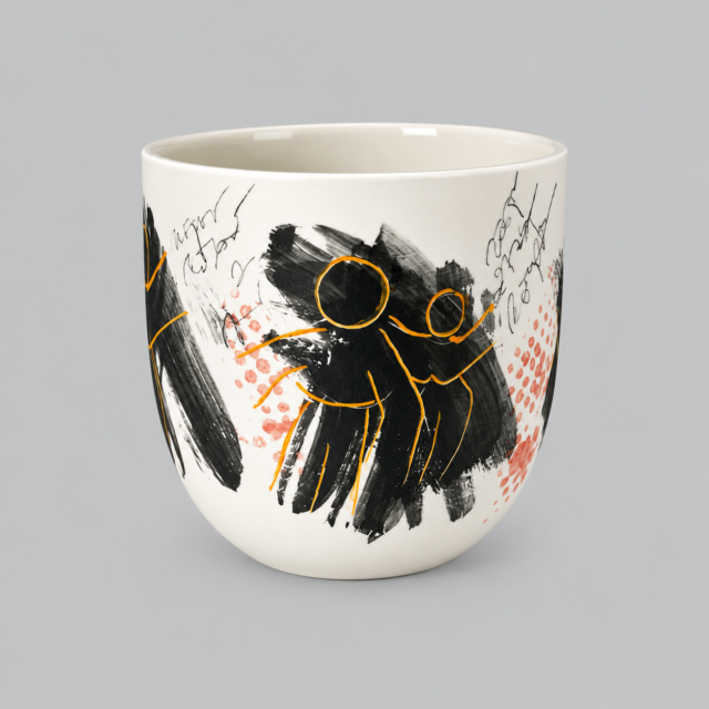 Unik keramisk kop med sort, orange og pink kunstnerisk mønster.