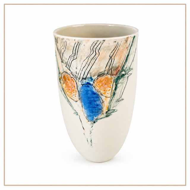 Højkvalitets keramisk vase med håndmalet insektmotiv, unik kunsthåndværk.