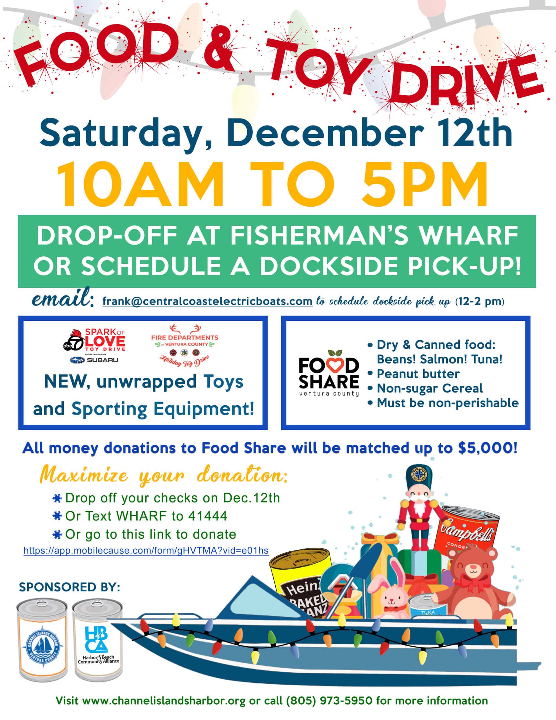 Food and Toy Drive flyer; Saturday, December 12th 10 AM - 5 PM