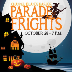Halloween parade at Channel Islands Harbor with spooky decorations and pirate ship.