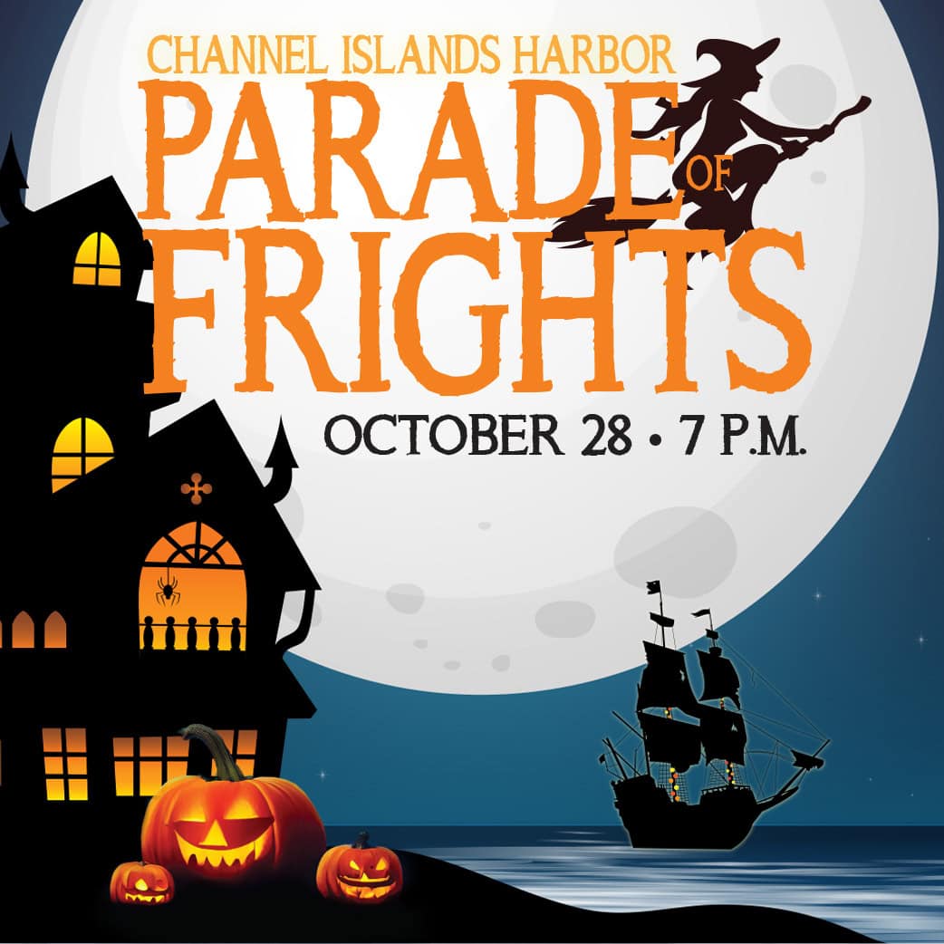 Halloween parade at Channel Islands Harbor with spooky decorations and pirate ship.