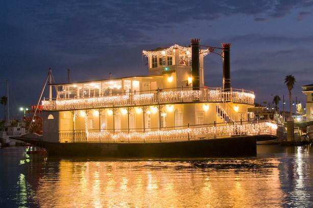 harbor boat lights at night