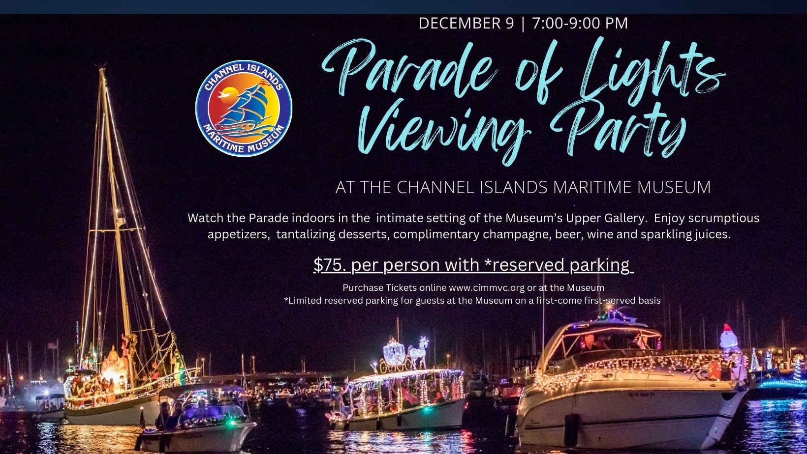 Vibrant Channel Islands Harbor holiday boat parade scene.