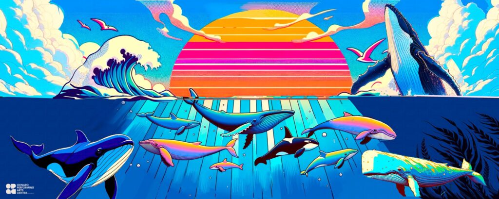 Colorful illustration of whales and dolphins swimming near Channel Islands Harbor at sunset.