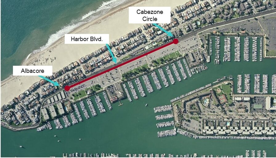 Aerial view of Channel Islands Harbor parade route with labeled streets and marina.