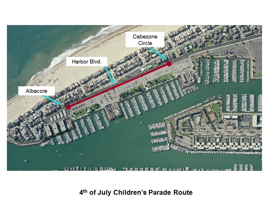 Aerial view of Channel Islands Harbor parade route with labeled streets and marina.