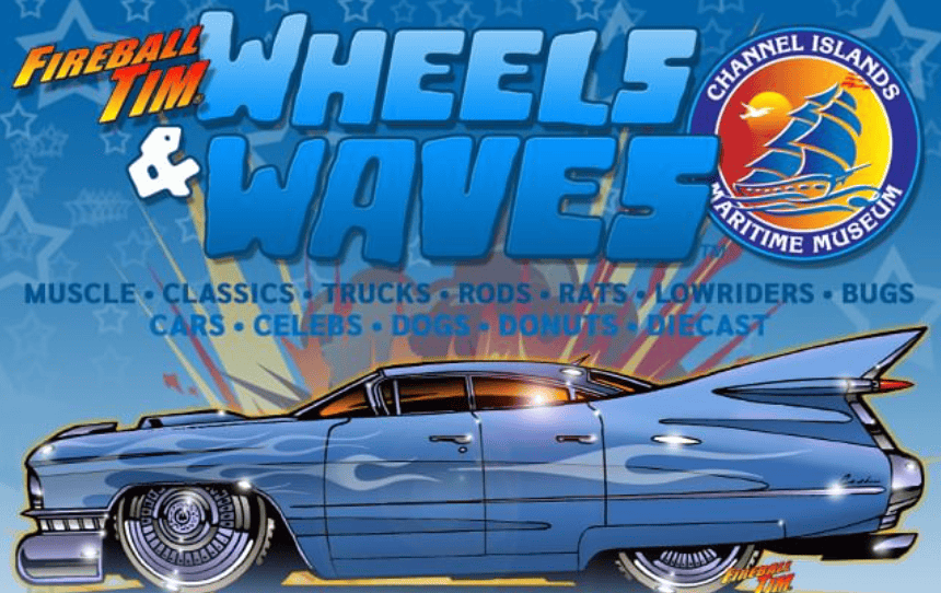 Vintage blue car at Wheels & Waves event at Channel Islands Harbor Maritime Museum.