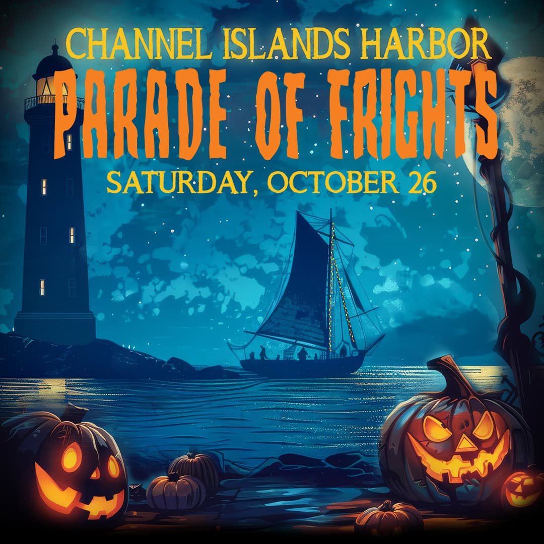Festive Halloween parade at Channel Islands Harbor with pumpkins and spooky decorations.