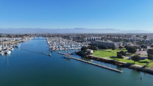 Aerial view of Channel Islands Harbor with boats and marina facilities.