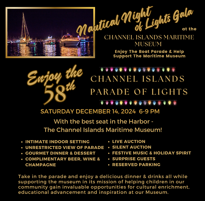 Night scene at Channel Islands Harbor with boats and festive lights during Nautical Night of Lights.