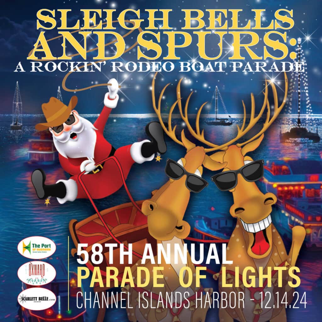 Festive Santa and reindeer boat parade at Channel Islands Harbor during Parade of Lights.