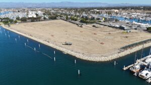 Aerial view of Channel Islands Harbor with boat slips and marina facilities.