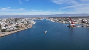 Aerial view of Channel Islands Harbor with boats and docks in California.
