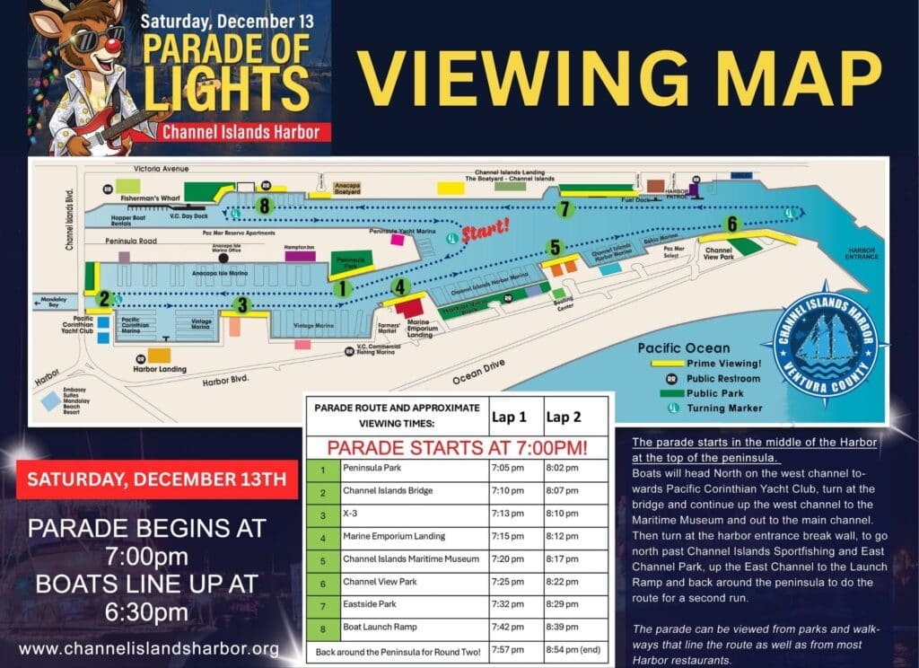 Colorful map of Channel Islands Harbor parade route and viewing areas.