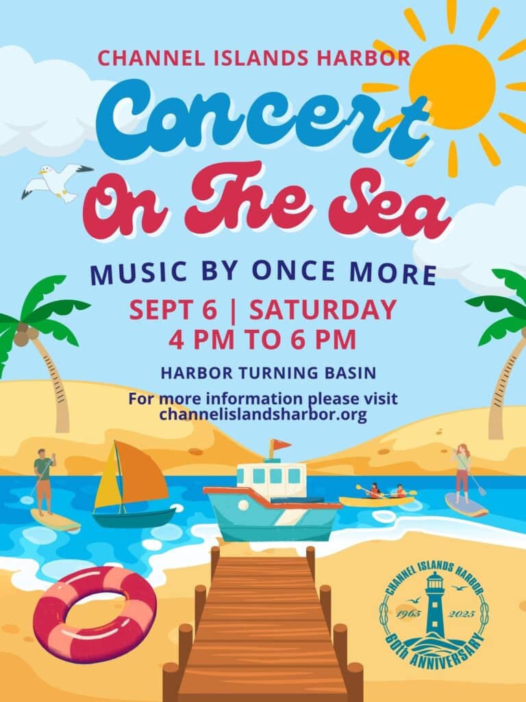 Colorful poster for Concert On The Sea at Channel Islands Harbor, featuring a beach, boat, and people. Event on Sept 6, 4-6 PM, with music by Once More.