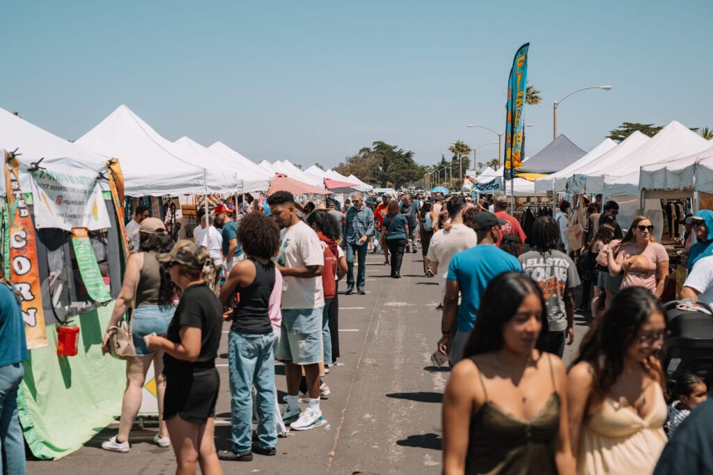 Crowd of people walk among vendor tents at an outdoor street fair on a sunny day. Various booths offer food and goods along both sides of the street.