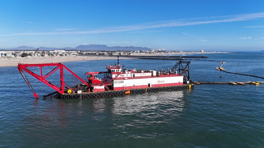 Dredging vessel at Channel Islands Harbor preparing for maintenance in October 2025.