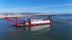 Dredging vessel at Channel Islands Harbor preparing for maintenance in October 2025.