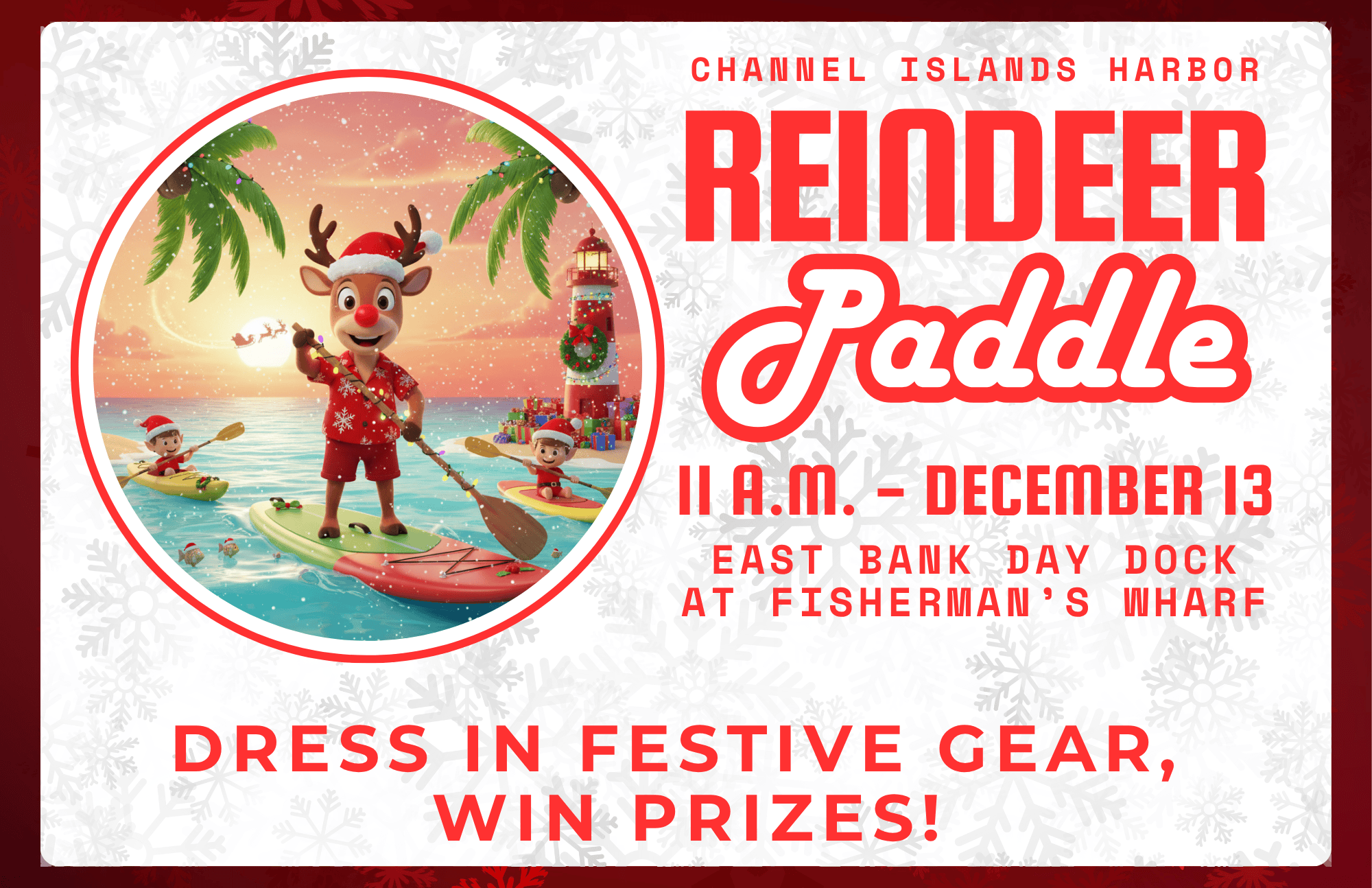 Reindeer paddle event at Channel Islands Harbor with festive costumes and holiday spirit.