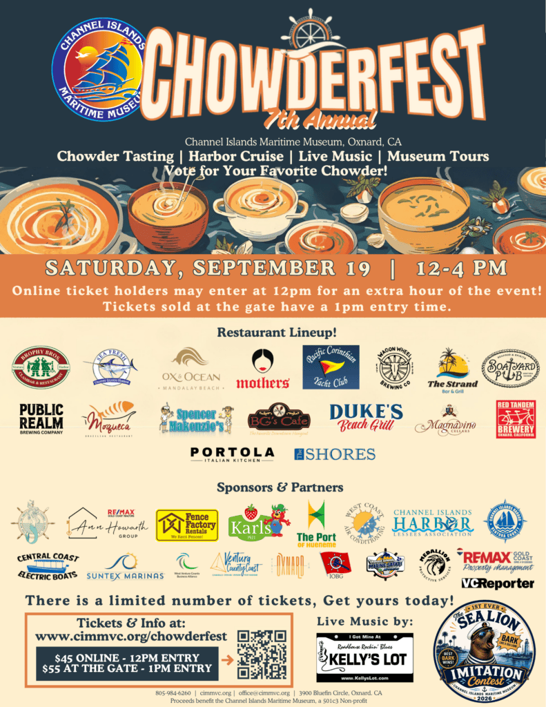 Channel Islands Harbor Chowderfest with seafood, live music, and vendors in Oxnard, CA.