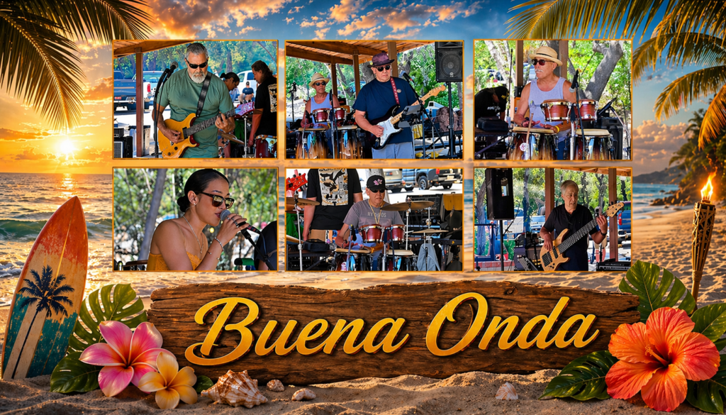 Sunset beach scene with live band performing at Channel Islands Harbor, California.
