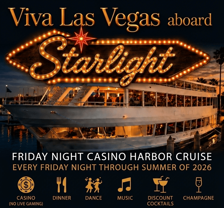 Nighttime view of the Starlight harbor cruise boat at Channel Islands Harbor with vibrant neon sign.