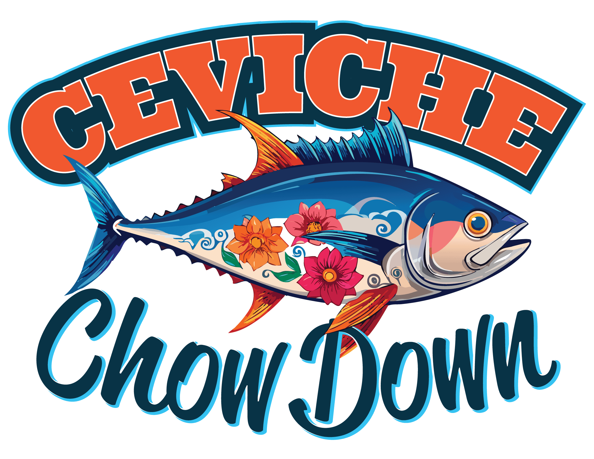 Ceviche Chowdown logo with a fish and flowers at Channel Islands Harbor.