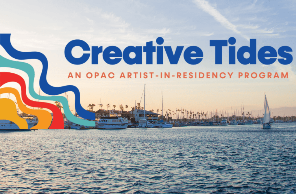 View of boats in Channel Islands Harbor with colorful wave design overlay.