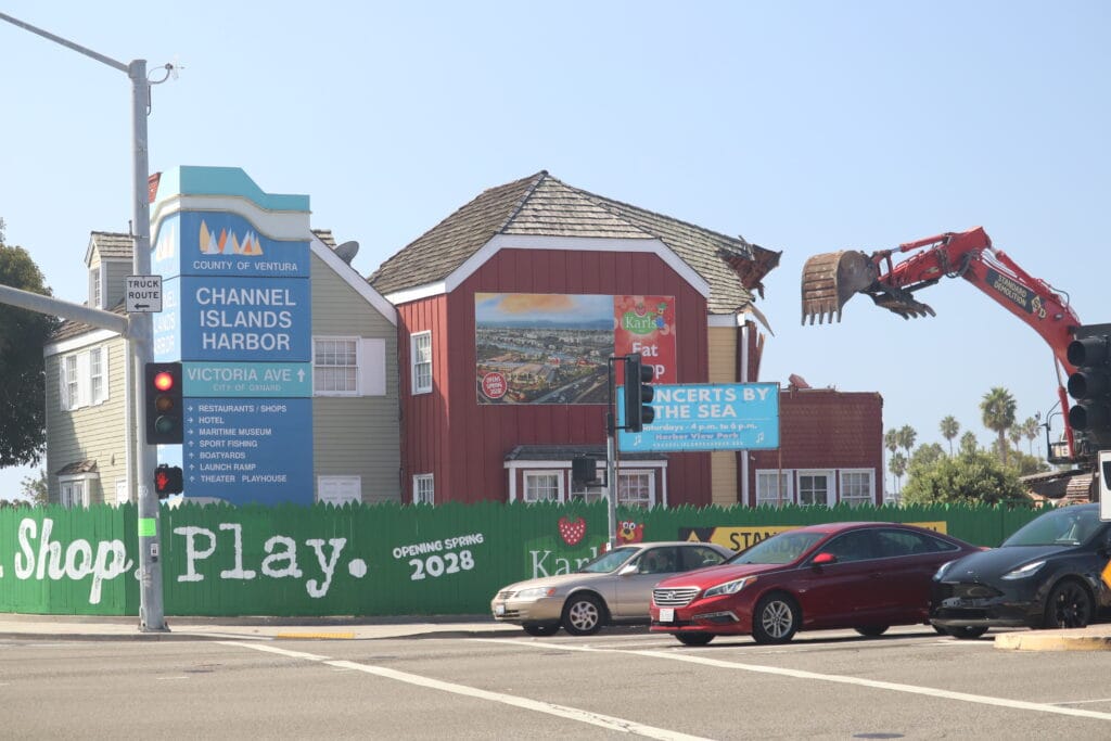 View of Channel Islands Harbor with construction and signage in Oxnard, California.