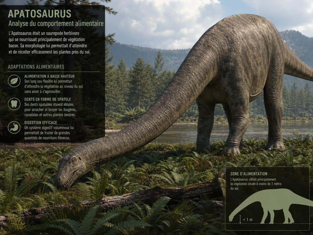 Apatosaurus se nourrissant de plantes basses et de fougères au sol