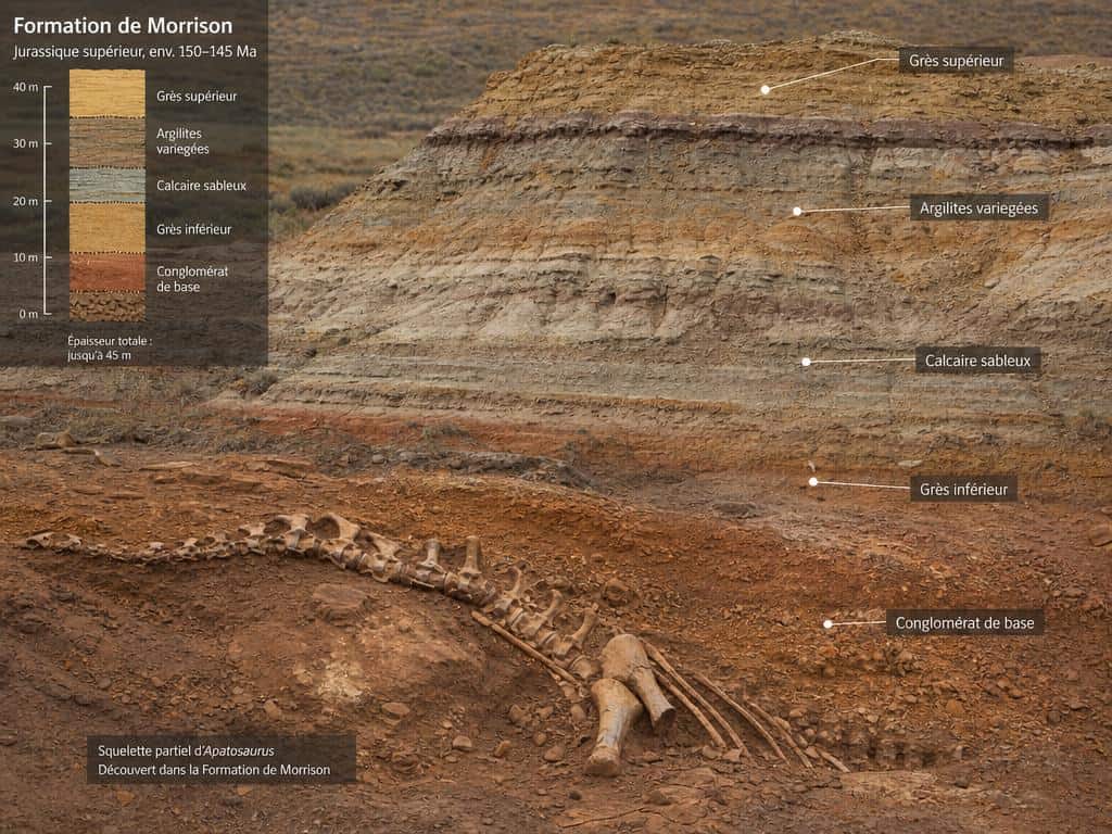 Paysage de la Formation de Morrison avec fossile d'Apatosaurus partiellement dégagé