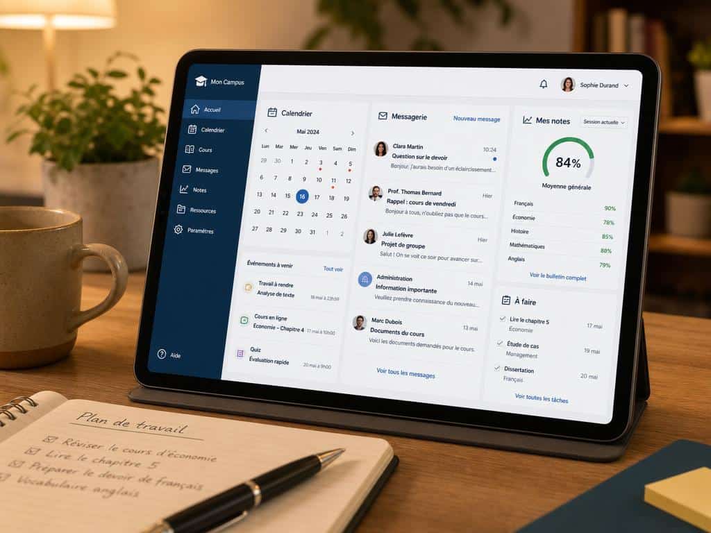 Interface numérique d'une plateforme pédagogique affichant cahier, messagerie et notes