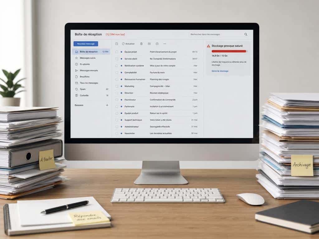 Espace de travail numérique avec interface de messagerie saturée et documents empilés