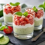 verrine de mousse concombre chevre et tomate basilic fid