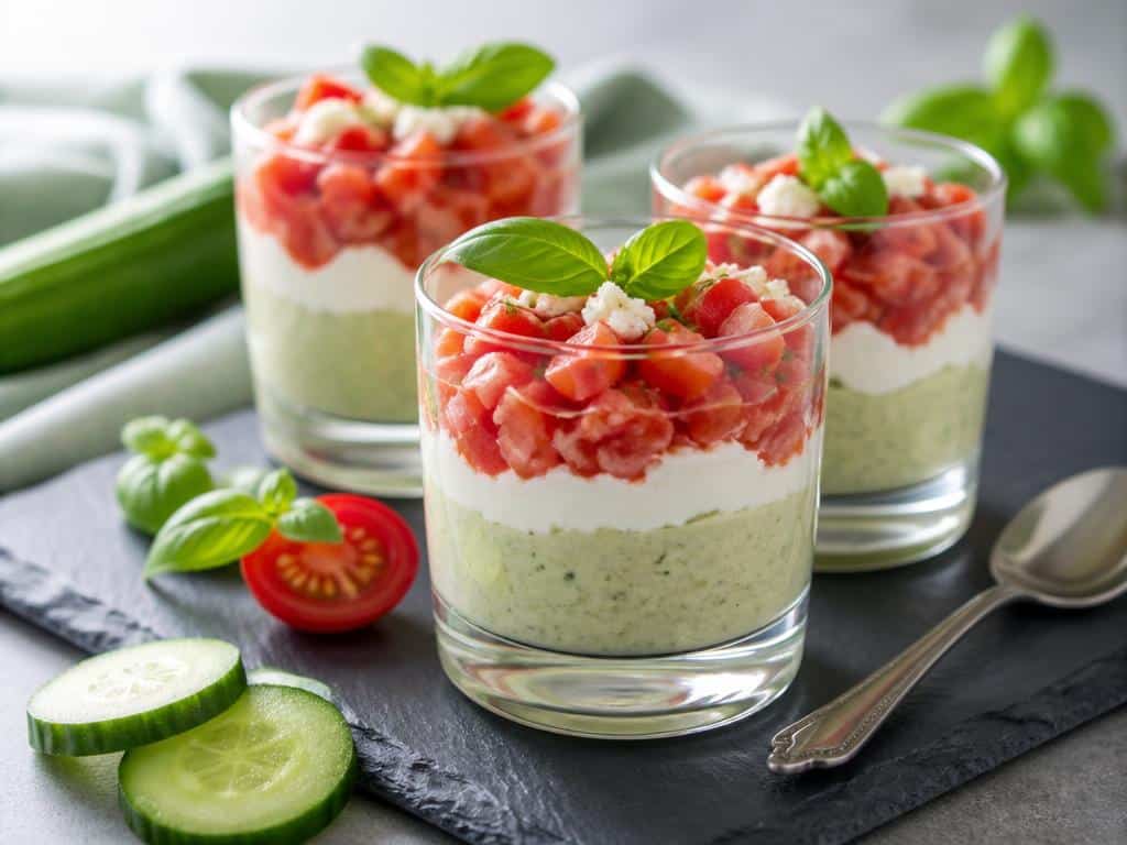 verrine de mousse concombre chevre et tomate basilic fid