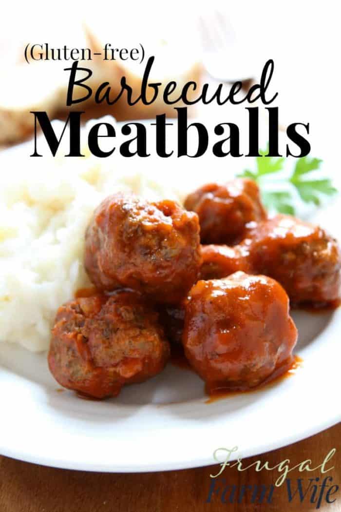 Image shows a plate of meatballs, with text that reads "(Gluten-free) Barbecued Meatballs"